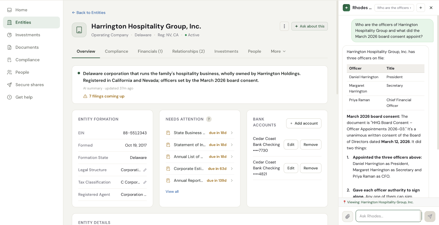 Ask Rhodes listing the officers of Harrington Hospitality Group and what the March 2026 board consent did