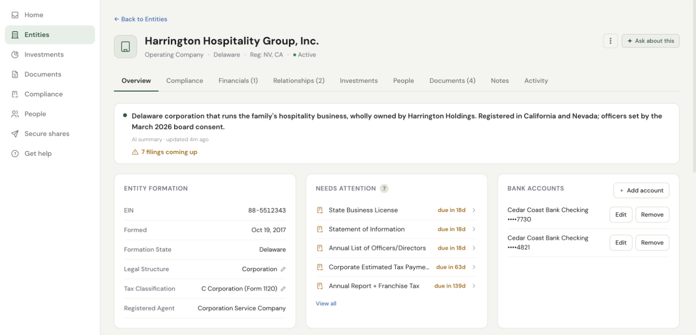 Rhodes entity page for Harrington Hospitality Group, Inc.: Delaware corporation registered in Nevada and California, filings due, two bank accounts