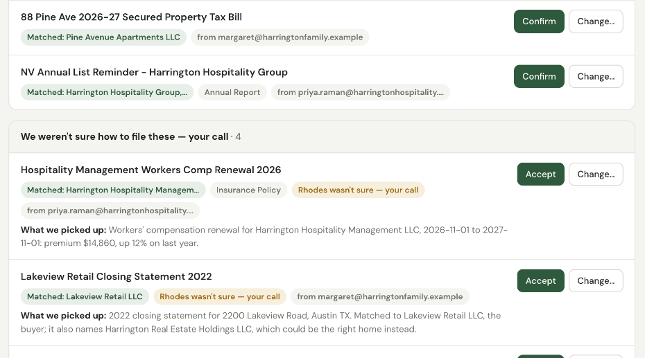 Home queue with a Nevada annual list reminder and a workers comp renewal for the hospitality companies