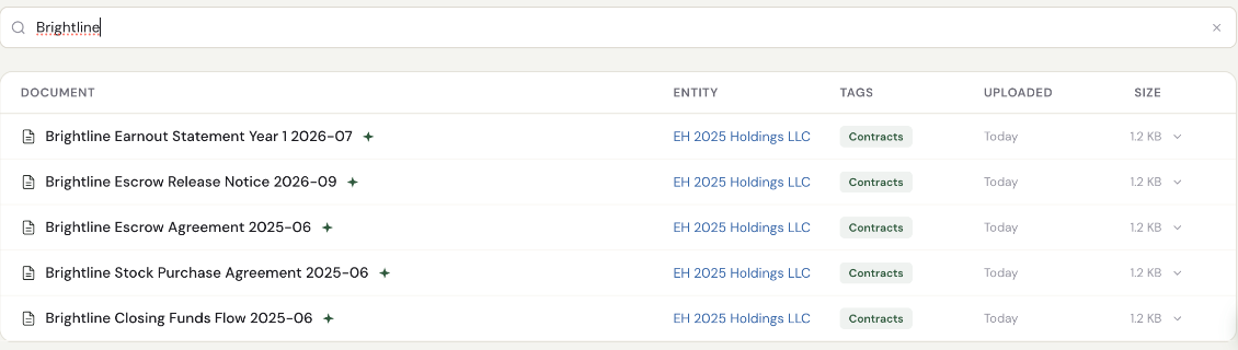 Documents searched for Brightline: earnout statement, escrow release notice, escrow agreement, stock purchase agreement and funds flow, all under EH 2025 Holdings LLC