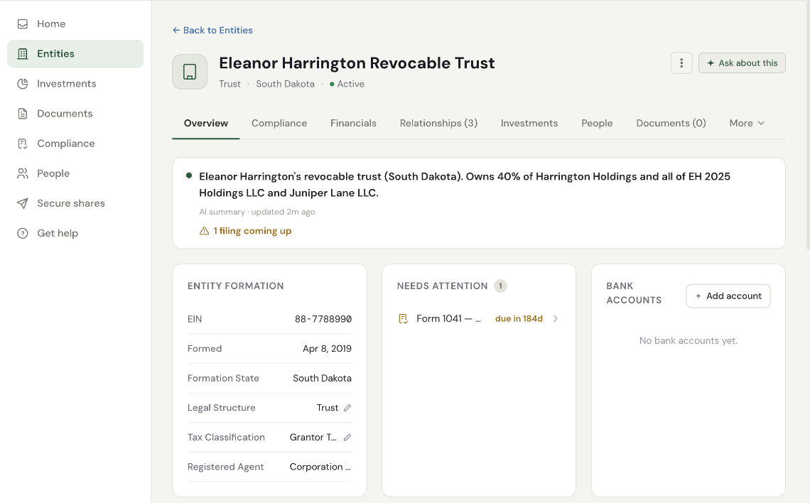 Rhodes entity page for Eleanor Harrington Revocable Trust: owns 40% of Harrington Holdings and all of EH 2025 Holdings LLC and Juniper Lane LLC