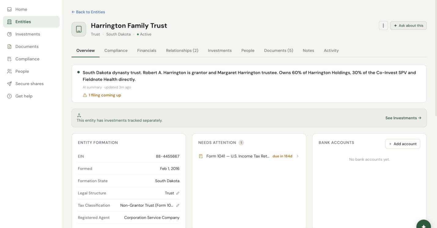 Entity page for a family trust: grantor, trustee, what it owns, and its next filing