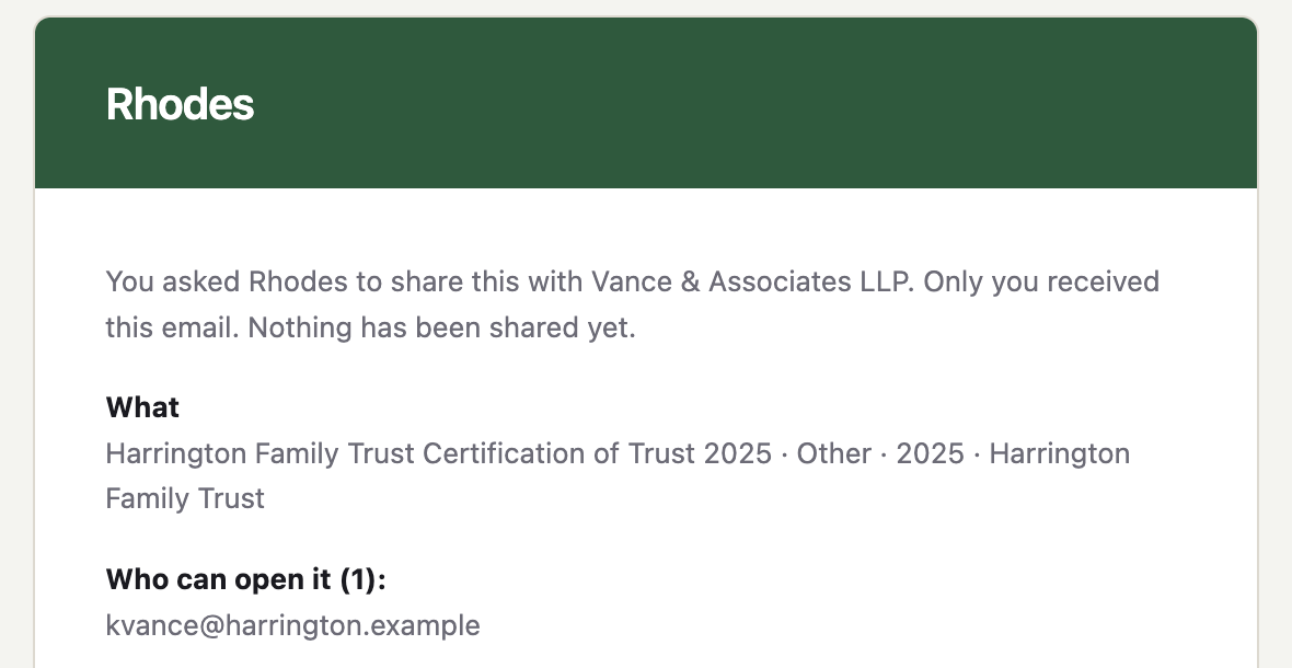 Approval email: certification of trust for Vance & Associates, nothing shared yet