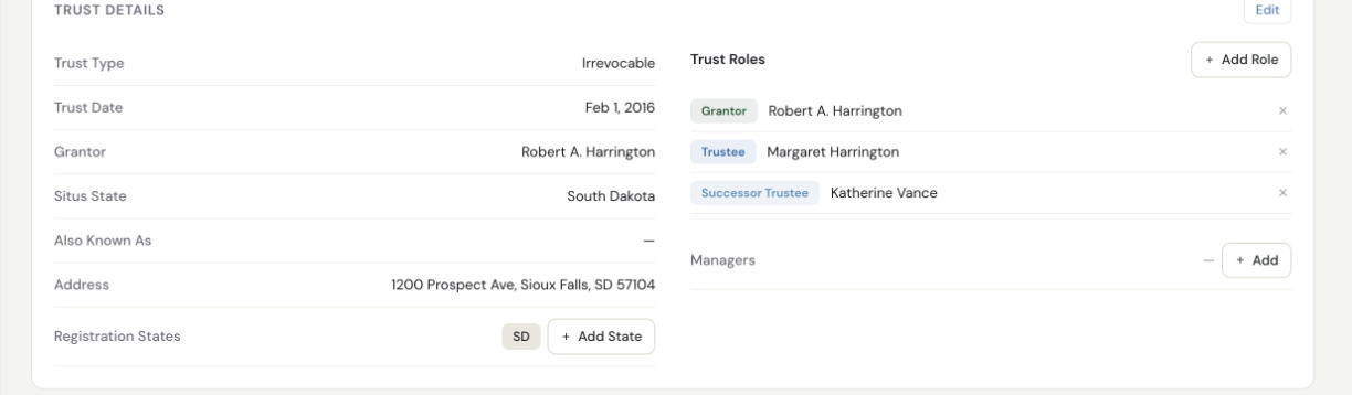 Trust details: irrevocable South Dakota trust with grantor, trustee and successor trustee