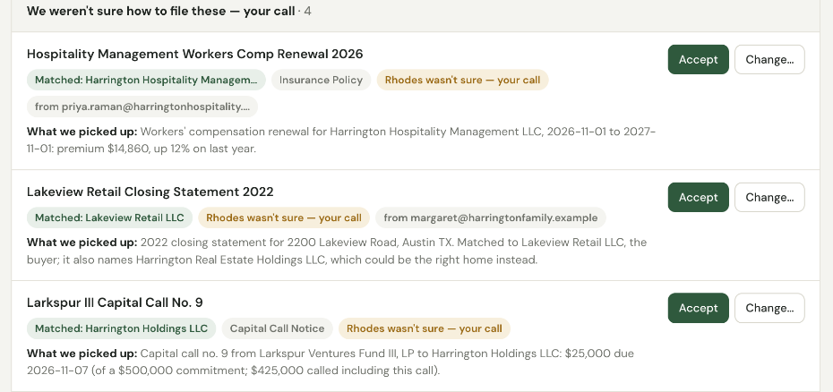 Home queue: a capital call notice matched to Harrington Holdings LLC with the amount and due date picked out