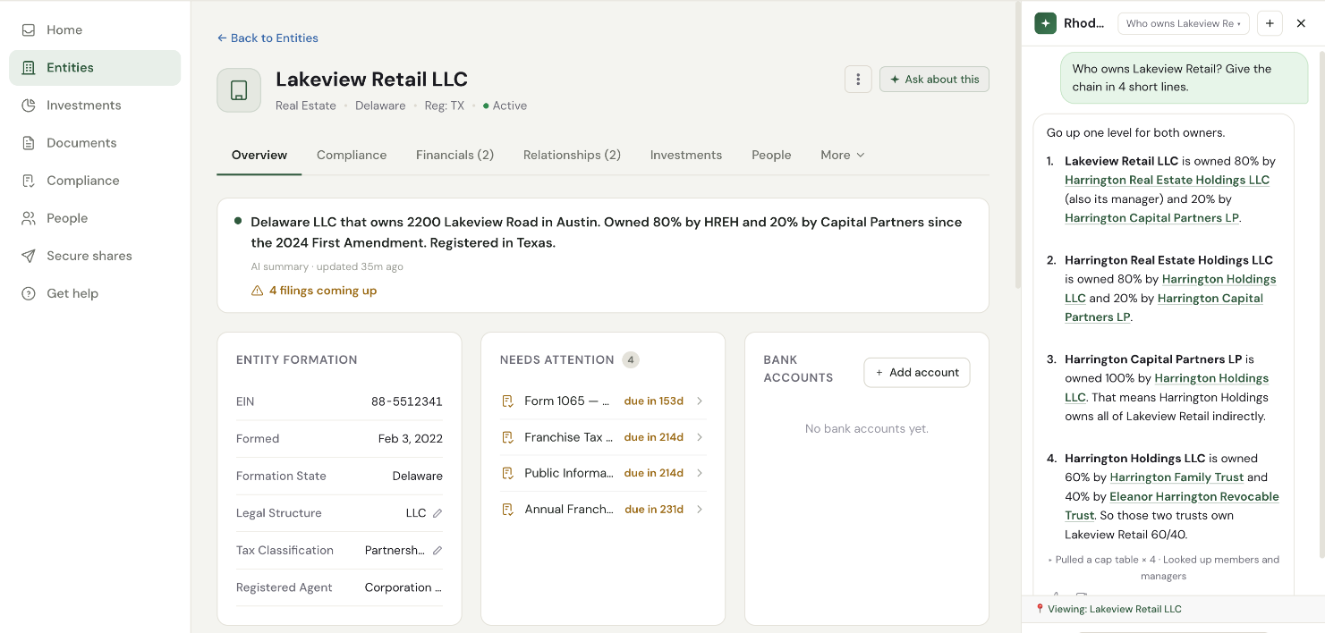 Rhodes answering who owns a retail property LLC, tracing the chain up to two family trusts
