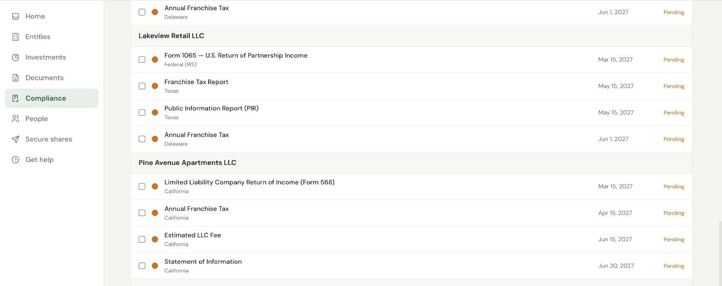 Compliance list: federal, Texas, Delaware and California filings grouped by entity