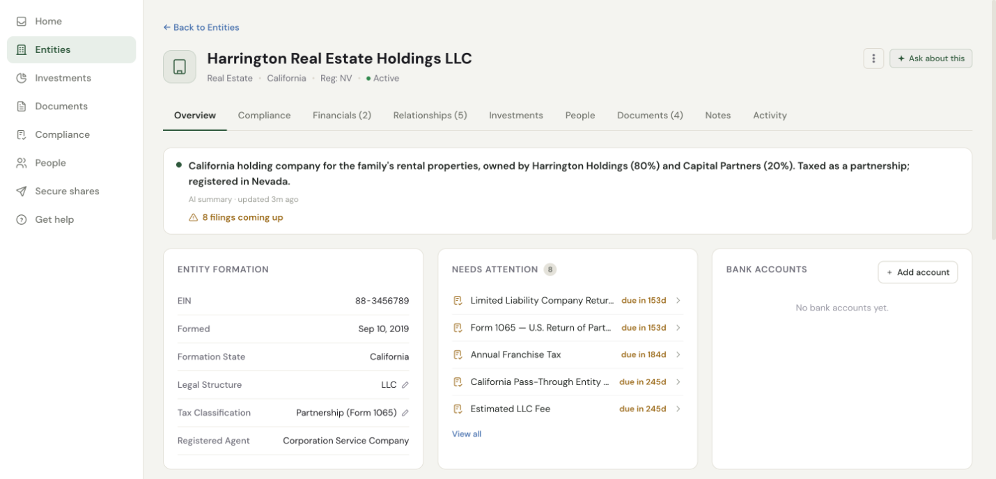 Entity page for a real estate holding company: a short summary of who owns it, eight filings coming up, and its formation details